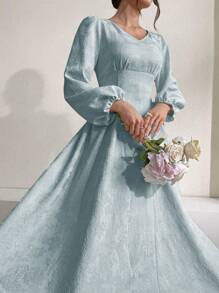 Modelyn Vestido de mujer de unicolor con escote en V, mangas farol y jacquard, vestido largo para mujer - Azul - Ver 7