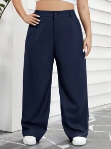 SHEIN Essnce Plus Size Women Pleated Pocket Straight Leg Casual Pants For Summer And Work