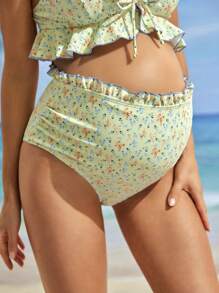 SHEIN Braguita de bikini estampada floral para playa de verano de maternidad con ribetes de volantes y diseño de cintura alta para vacaciones