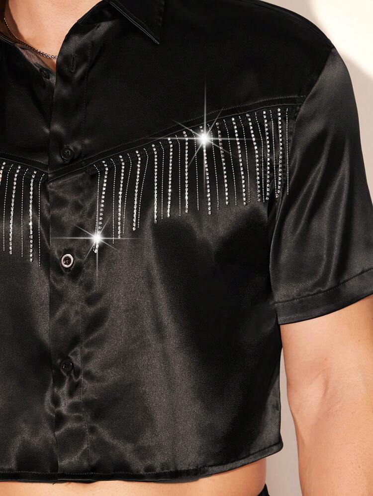 Men Summer Short Sleeve Patchwork Rhinestone Fringe Loose Crop Top Shirt And Drawstring Waist Shorts Set