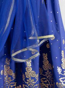 SHEIN 年轻女孩民族风夏季波尔卡圆点印花圆领套头衫 + 花卉印花裙两件套 - 藍色 - 查看 6