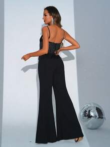 Missord Women's Sequin Tassel Decor Spaghetti Strap Flare Leg Jumpsuit For Parties - Black - View 2