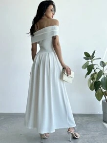 Firerie Dames elegante effen kleur off-shoulder A-lijn lange jurk voor de zomer