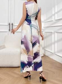 Modelyn Women Sleeveless Printed Pleated Dress, Suitable For Summer Long Evening Dresses - Purple - View 2
