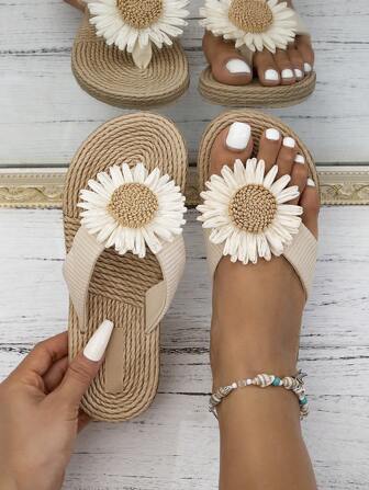 Women Fashion Shoes Khaki Summer Shoes Woven Flat Sandals Women Casual Beach Flip Flops  Bottom Slippers