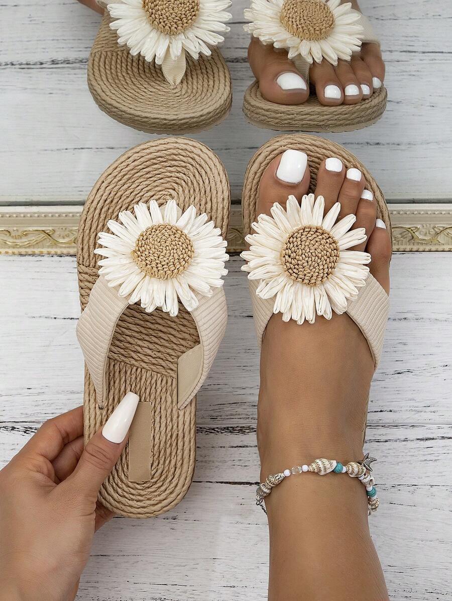 Women Fashion Shoes Khaki Summer Shoes Woven Flat Sandals Women Casual Beach Flip Flops  Bottom Slippers - Beige - View 1