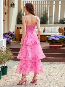 Aveloria Rosie Organza Gradient Floral Printed Multi-Layered Dress, With Ruffle Trim, Square Neckline, And Belt, For Women - Multicolor - View 2