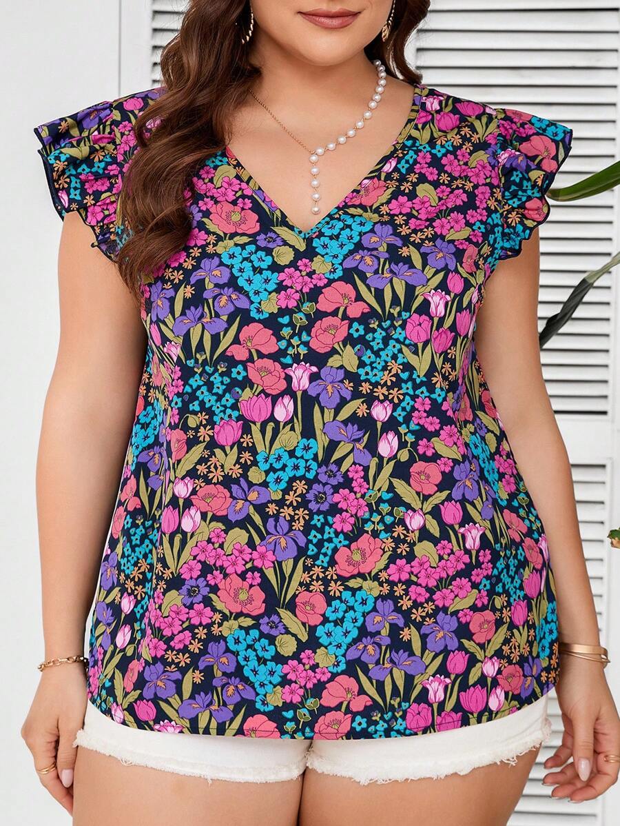 SHEIN Clasi 夏季大码女士休闲印花荷叶袖度假风上衣 - 彩色 - 查看 1