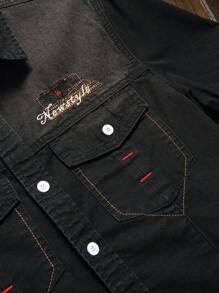 Manfinity Homme Men Summer Loose Fit Short Sleeve Denim Casual Shirt With Letter Embroidery - Black - View 6