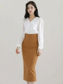 DAZY 女士纯色后开衩铅笔裙简约优雅长裙秋季 - 黃色 - 查看 4