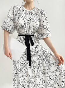 Mulvari Của phụ nữ Tiếng  Ả Rập Phong cách Hoa In Đầm Với Ruffled Hem - Đen và trắng - Xem 6