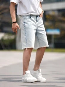 Manfinity Homme Men Bermuda Casual Loose Fit Denim Shorts With Pockets And Frayed Hem - Baby Blue - View 7