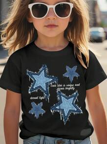 SHEIN Leap Crew Kleine Mädchen lässiges T-Shirt mit Fünf-Sterne-Muster und kurzen Ärmeln, geeignet für den Sommer