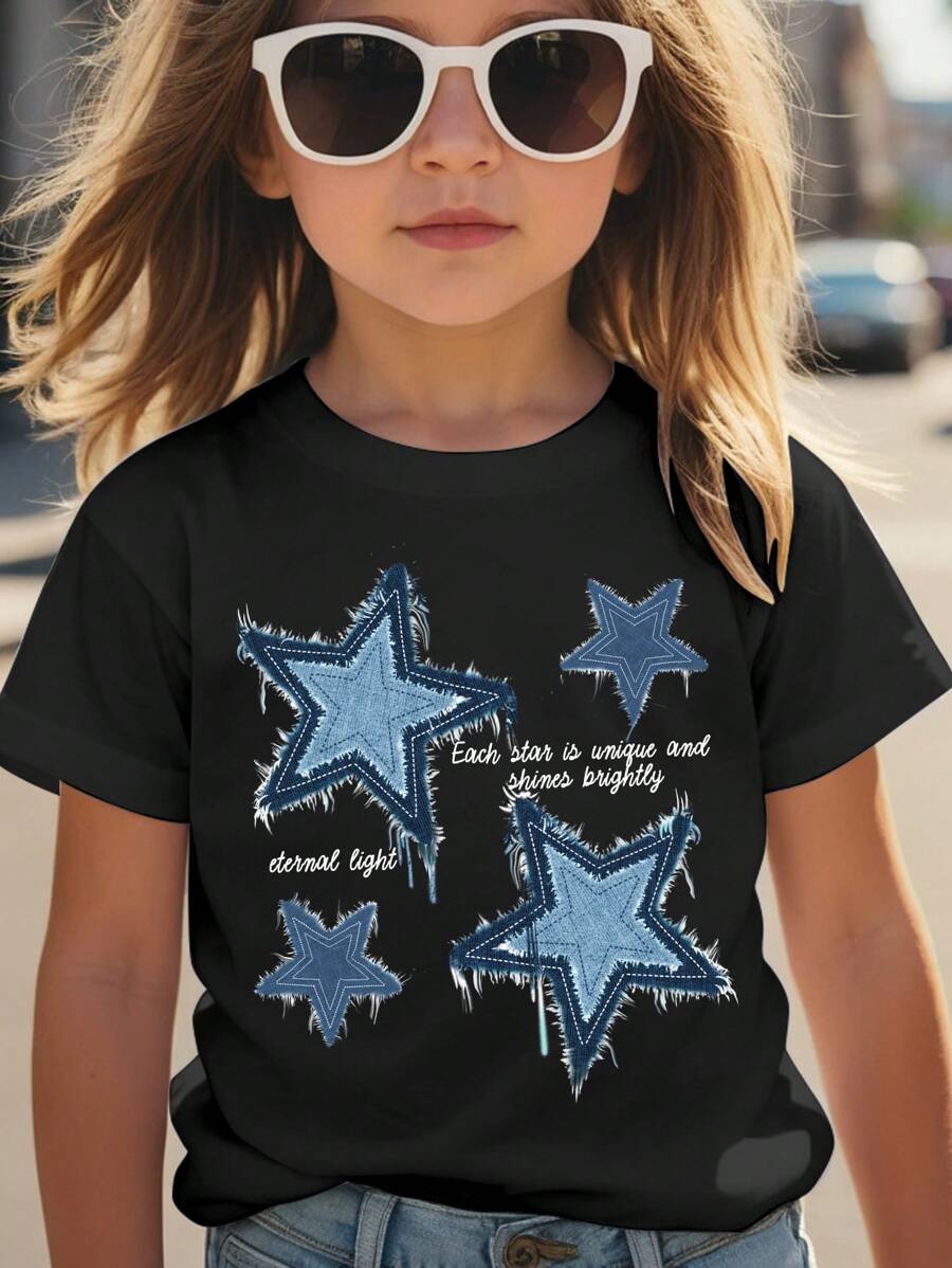 SHEIN Leap Crew Kleine Mädchen lässiges T-Shirt mit Fünf-Sterne-Muster und kurzen Ärmeln, geeignet für den Sommer