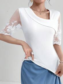 Modelyn Ladies' Asymmetric Neckline Contrast Mesh Summer T-Shirt Graphic Tees Women Tops
