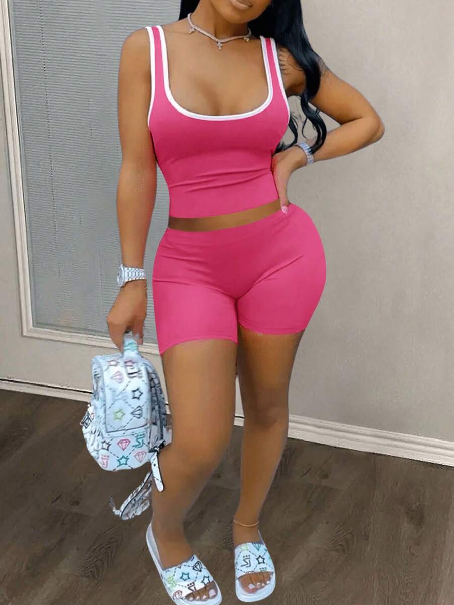 Slaydiva Quần hai mảnh kiểu nữ, Bộ hai mảnh thể thao kiểu nữ, Áo vest cổ chữ U màu trơn thời trang có viền tương phản trên cùng và quần short thun cạp cao Trang phục mùa hè - C - Màu Hồng Tươi - Xem 1