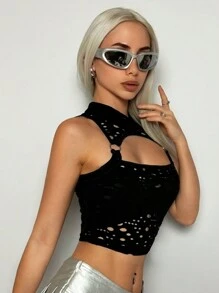 SHEIN ICON Women's Y2k Summer Concert Outfits Rave Solid Color Hollow Out Cropped Knitted Camisole Black Top - Black - View 4