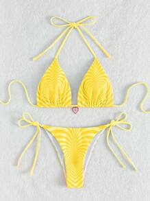 SHEIN Swim 夏季沙灘女性時尚全配愛心印花比基尼套裝，印花圖案定位 - 黃色 - 查看 5