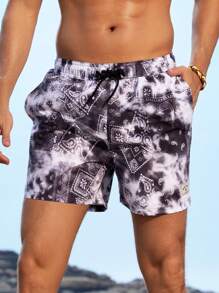 Manfinity Men Casual Beach Shorts With PPaisley Print, Elastic Drawstring Waist And Loose Fit