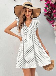 SHEIN Essnce Summer White Base Black Cutout Heart Shape Floral V Collar A-Line Casual Vacation Dress - Black and White - View 2