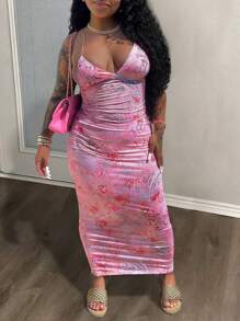 Slaydiva 女士优雅性感/度假/约会扎染印花露背吊带长裙 - 粉色 - 查看 5