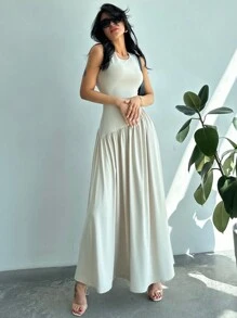 Firerie Vestido largo para mujer sin mangas con cuello redondo y sólido, con pliegues y cinturón en la cintura
