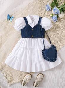 SHEIN Vintaside Kids Young Girl Summer Solid Color Short Puff Sleeve Shirt Dress And Camisole Vest Casual Two-Piece Set