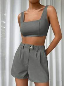SHEIN EZwear Women Solid Color Simple Style Vest + Short Western-Style Shorts Two-Piece Set For Spring And Summer