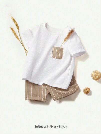 Cozy Pixies 嬰兒男孩顏色拼塊裝飾口袋短袖套頭上衣和純色短褲套裝