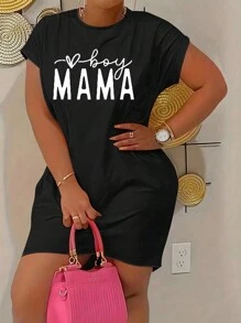 SHEIN LUNE Váy ngắn tay in chữ ngày của mẹ cỡ lớn - màu đen - Xem 1