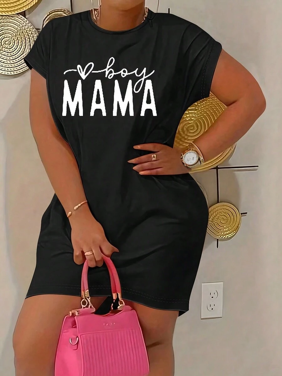 SHEIN LUNE Váy ngắn tay in chữ ngày của mẹ cỡ lớn - màu đen - Xem 1