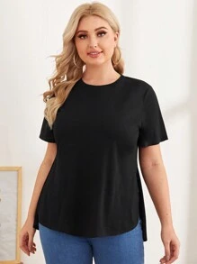 SHEIN Essnce Plus Split Hem Solid Top - Black - View 3