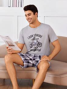 Men Motorcycle Slogan Print Short Sleeve Top & Plaid Shorts Summer Homewear Set - Grey - View 2