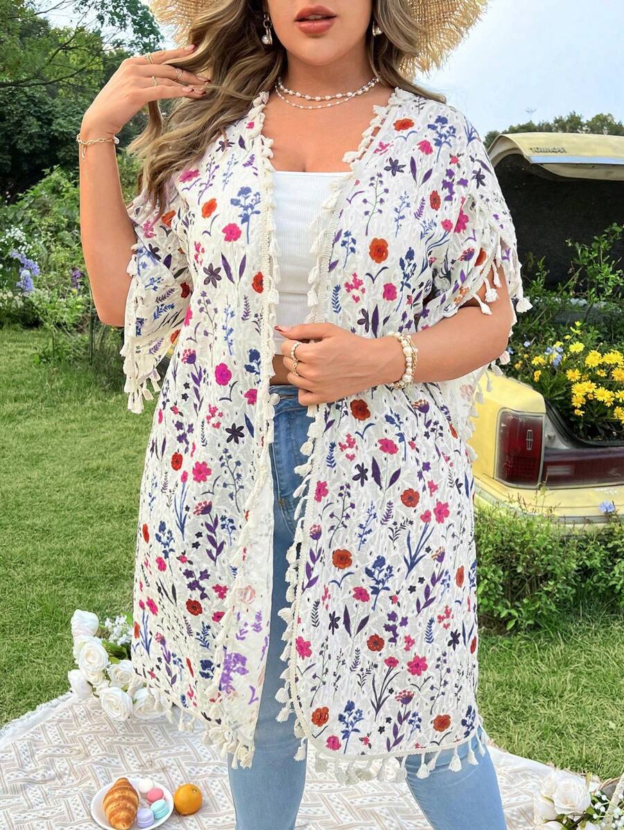 Flirla Plus Size Nữ Phong Cách Kỳ Nghỉ In Hình Cây Chắp Vá Tua Rua Ngắn Tay Hở Mặt Trước Áo - Nhiều màu - Xem 1