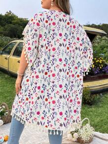 Flirla Plus Size Nữ Phong Cách Kỳ Nghỉ In Hình Cây Chắp Vá Tua Rua Ngắn Tay Hở Mặt Trước Áo - Nhiều màu - Xem 2