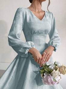 Modelyn Vestido de mujer de unicolor con escote en V, mangas farol y jacquard, vestido largo para mujer - Azul - Ver 4
