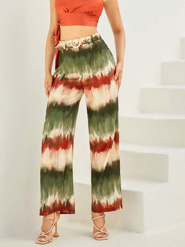 Beach Brush Print Buckle Belted Wide Leg Pants