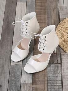 女性時尚舒適的圓頭米色高跟涼鞋，帶有腳趾開口和踝帶 - 白色 - 查看 5