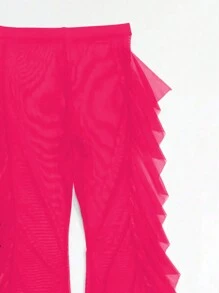 SHEIN Swim Summer Beach Women Solid Color Mesh Sheer Boho Beach Cover-Up Pants - Hot Pink - View 4