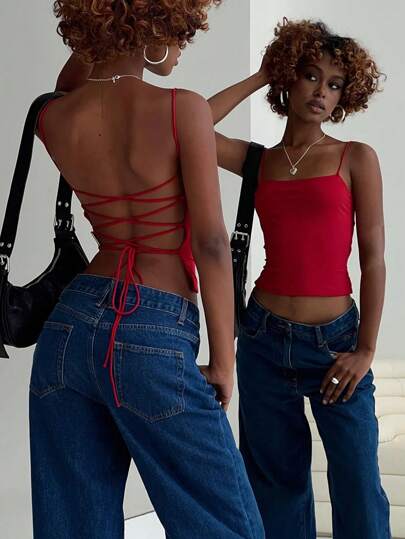 INAWLY Women Solid Color Sleeveless Top With Spaghetti Straps And Tie Back