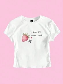 Lunelith SHEIN Lunessa Women Y2K Pink Strawberry Fruit Slogan Cropped T-Shirt Baby Tee For Summer I Love You Berry Much Graphic Tees Women Tops