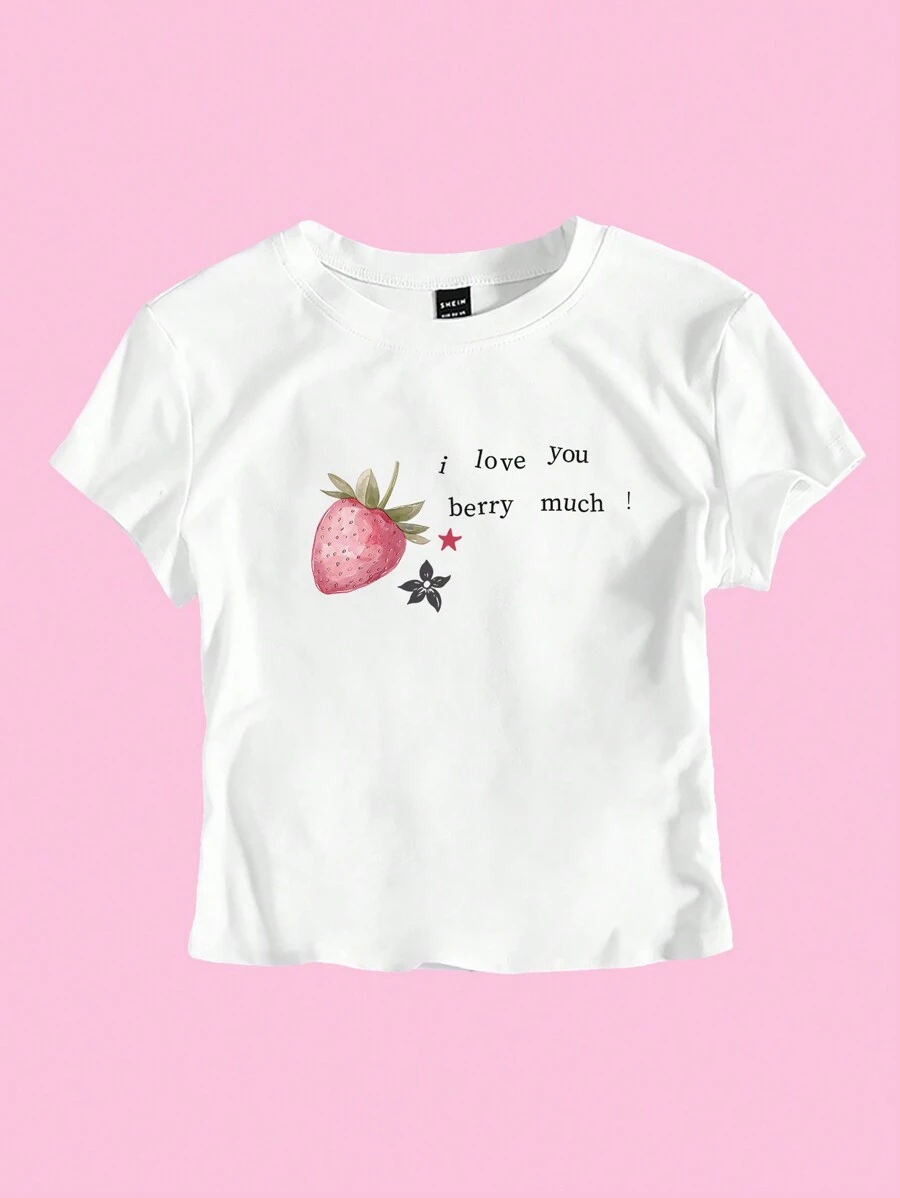 Lunelith SHEIN Lunessa Women Y2K Pink Strawberry Fruit Slogan Cropped T-Shirt Baby Tee For Summer I Love You Berry Much Graphic Tees Women Tops
