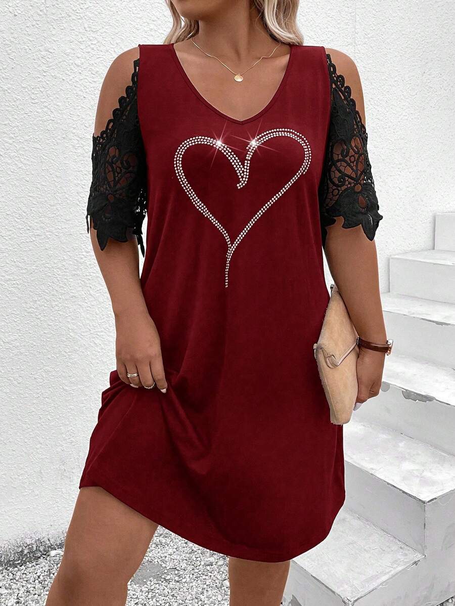 SHEIN LUNE Đầm ren hoa thời trang cỡ lớn dành cho nữ hình trái tim - Màu Đỏ Sâu - Xem 1