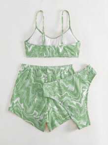 SHEIN Swim Ladies Tie-Dye Fashionable Vacation Matching Top And Swim Bottom Two-Piece Bikini Set, Random Print, Summer Beach
