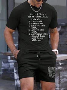 Manfinity Homme Men Plus Size Slogan Printed Round Neck Short-Sleeved T-Shirt And Shorts, Suitable For Summer