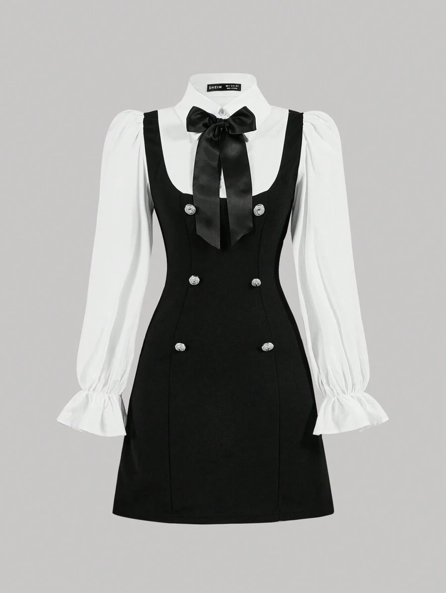 SHEIN MOD Bow Front Flounce Sleeve 2 In 1 Dress - Black - View 1
