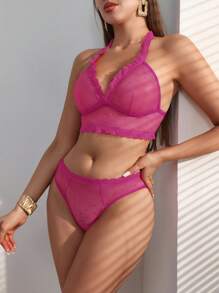 SHEIN Women's Sexy Lace Trimmed Polka Dot Mesh Lingerie Set - Hot Pink - View 4