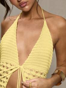 MUSERA 沙滩黄钩针编织系带上衣，春季Y2K 90年代休闲可爱粉彩夏春季优雅少女风 - 黃色 - 查看 5