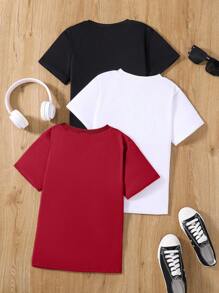 SHEIN 3 cái/bộ Áo thun dệt kim thông thường nhiều màu cho bé trai Tween - Đỏ - Xem 2