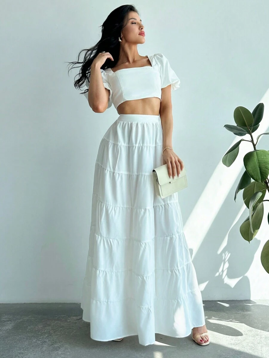 Firerie French-Style Square Neckline Puff Sleeve A-Line Cake Skirt Set - White - View 1